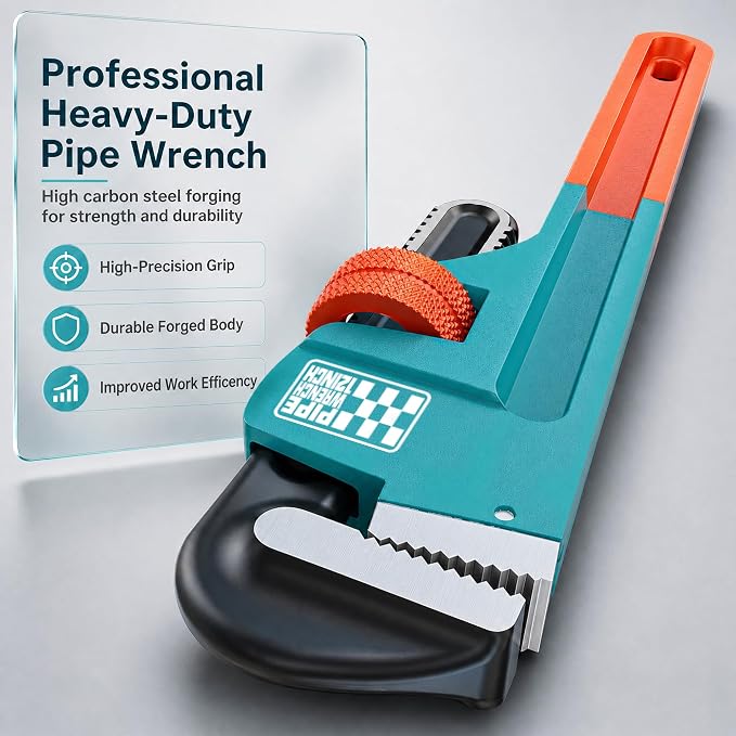 Heavy Duty Pipe Wrench, 12" Adjustable Straight Plumbing Wrench, High Drop-Forged jaws, Professional Pipeline Tool for Water Pipe Fittings, Mechanical assembly, Workshop Operations