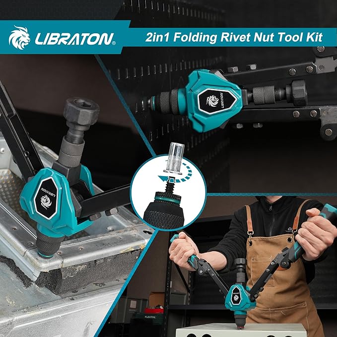 LIBRATON 2in1 Rivet Nut Tool and Rivet Gun Kit Folding, with 11 Mandrels (Metric & SAE) & 5 Nose Pieces (2.4-6.4mm), Includes 100 Nuts & 200 Pop Rivets, Folding Heavy Duty Hand Tool for DIY & Repair