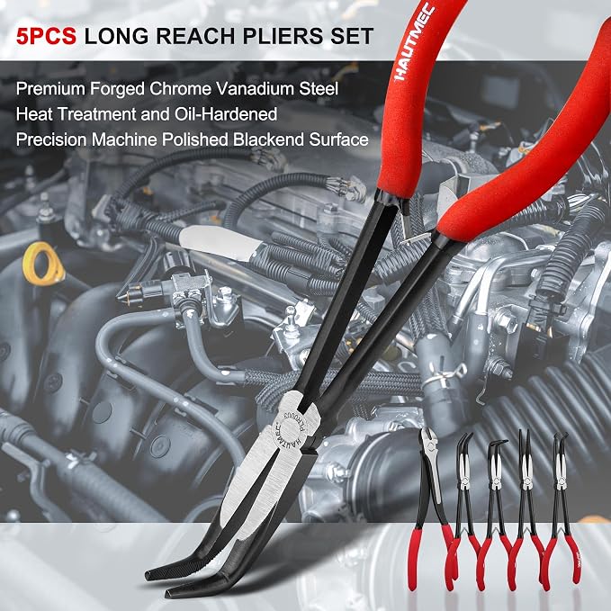 HAUTMEC 11Inch Extra Long Needle Nose Pliers Set, 5PCS Spring Loaded Heavy Duty Long Reach Pliers Include Hose Grip and Diagonal Cutting Plier, Straight and 45/90 Degree Bent Nose Pliers