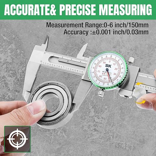 SK Dial Caliper, 6-Inch/150mm Caliper Measuring Tool with Dual SAE/Metric Scale, 4 Measurement Methods Stainless Steel Calipers, ±0.001 inch/0.03mm Accuracy