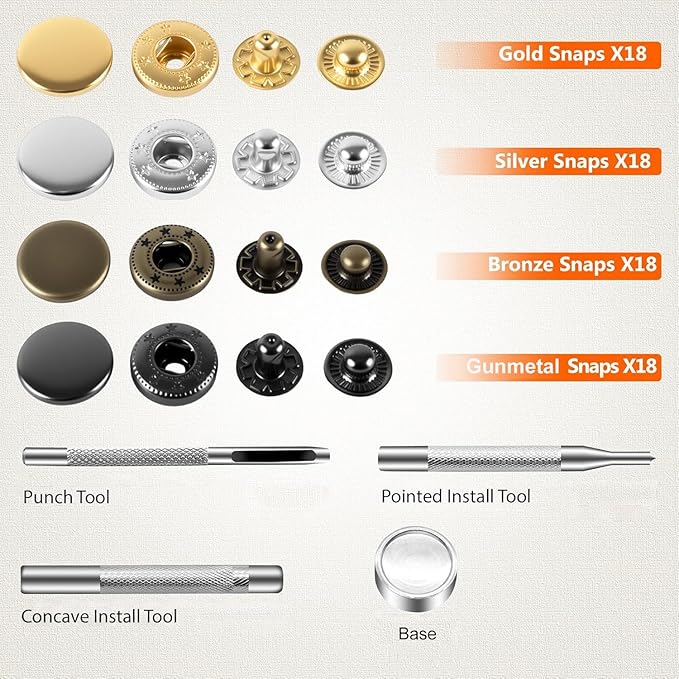 Alritz 17mm Leather Snap Fasteners Kit, 72 Set Metal Button Snaps Press Studs with 4 Setter Tools, 6 Colors Leather Snaps for Clothes, Jackets, Jeans Wears, Bracelets, Bags