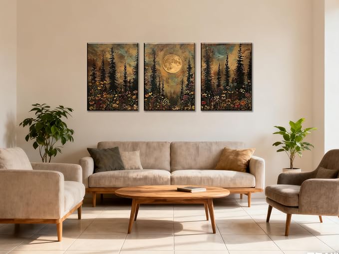 Frimeeme Vintage Moon Forest Wall Art Set of 3,Canvas Print Set Wildflower Pine Trees Rustic Nature Decor for Farmhouse Bedroom Living Room Aesthetic, 12x16 inches