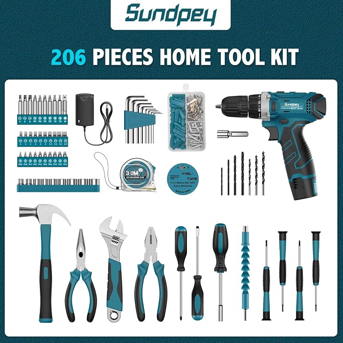 Sundpey 206PC Portable Basic Home Tool Kit Set with 12V Cordless Drill Blue