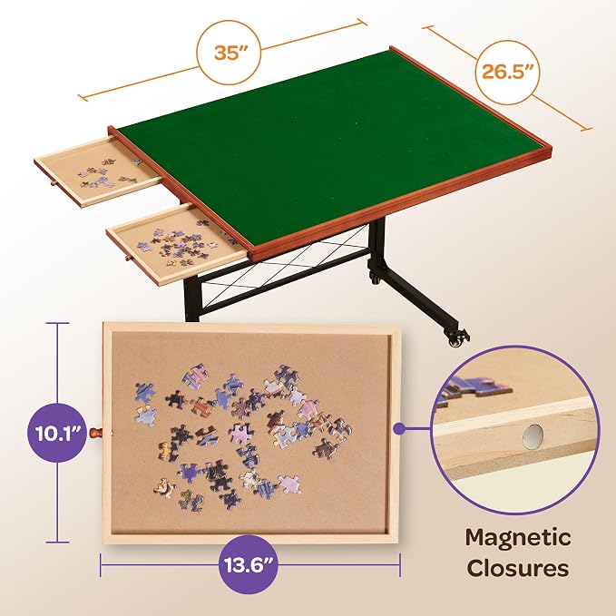 JoyBerri Puzzle Station Jigsaw Puzzle Table/Rolling Desk - 1500 Piece Puzzle Board/Portable Jigsaw Tables with Drawers and Legs - Height Adjustable for Adults