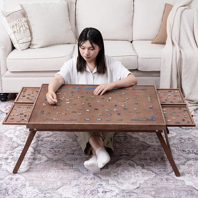 TEAKMAMA 1500Pcs Jigsaw Puzzle Table with 4 Drawers for Adults,Brown | Wooden Jigsaw Foldable Puzzle Board with legs,with Protective Cover,Multifunctional Game Table,34W x 26.3D