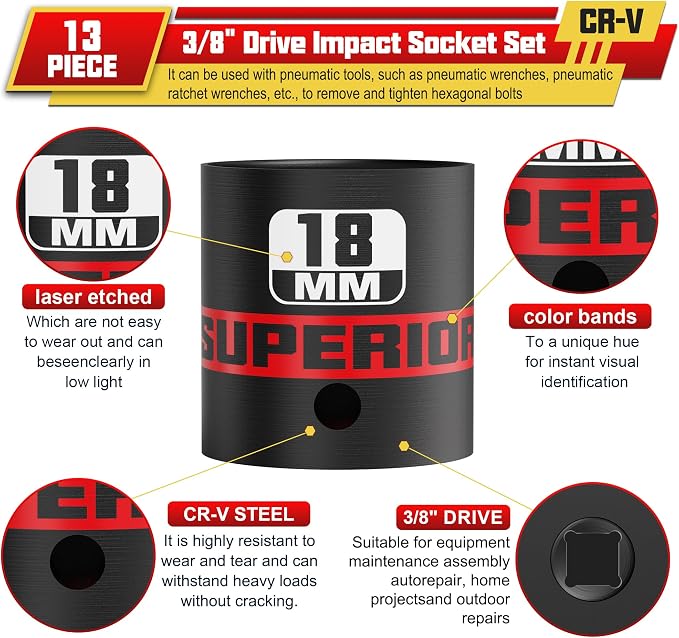13 Piece 3/8" Drive Impact Socket Set, 7 mm-19 mm Shallow Socket, Metric, 6 Point, CR-V, Automotive Motorcycle and Bicycle Maintenance, Machinery Manufacturing