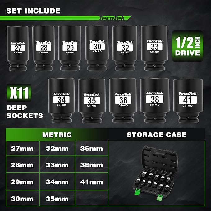 TecoTek 1/2" Drive Deep 6-Point Impact Socket Set, 11-Piece Deep Metric Spindle Axle Nut Impact Socket Set, Cr-Mo, 27mm - 41mm