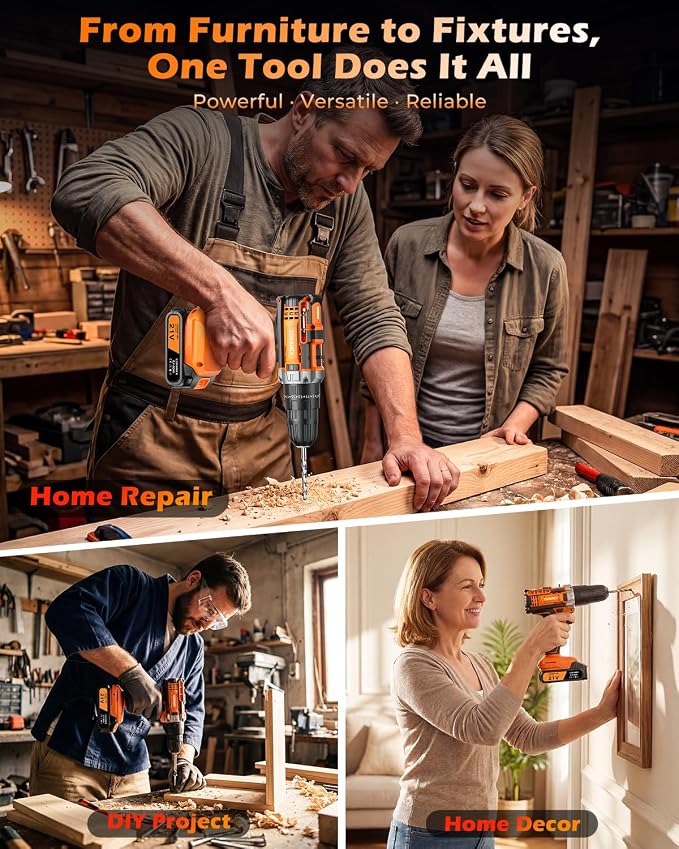 21V Cordless Drill Set with Case | Easy to Control & Lightweight | 2 Batteries | 3/8" Keyless Chuck | For Home Repair & Furniture Assembly