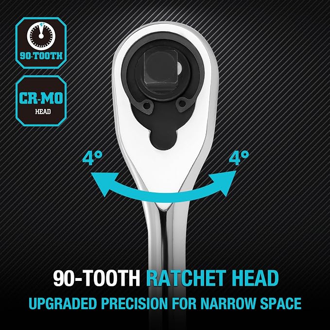 DURATECH 3-Piece Extra Long Drive Ratchet Handle, 90-Tooth Ratchet Wrench | 1/4", 3/8", 1/2" Socket Wrench with Dust Proof Teardrop Enclosed Head, Reversible, CR-V Steel Made, CR-MO Head, Full Polished