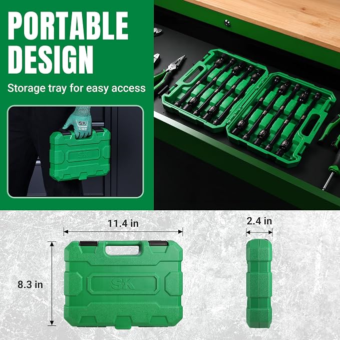 SK 3/8'' Drive Pinless Universal Impact Extension Socket Set, CR-Mo Steel | 360° Swivel, Metric 6-Point 10-19mm Wobble Socket, 10-Piece, Exceeds ANSI/ASME by 1.3X Torque, 10'' Long Reach Torque Saver