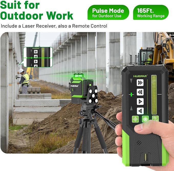 Huepar Laser Level 360 Self Leveling Outdoor with Fixed-Point Pivot Alignment Adjustment, 1/13"Precision Lazer Leveler with Pulse Mode, Adjustable Brightness, Remote Control Receiver, Solo Projects
