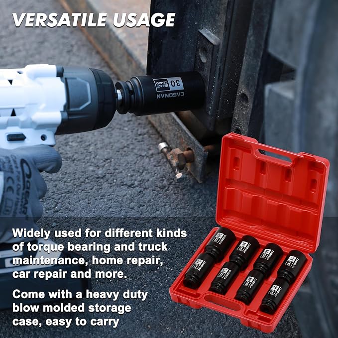 CASOMAN 1/2-Inch Drive Deep Spindle Axle Nut Impact Socket Set,12-Point, Metric, CR-MO, 29, 30, 32, 34, 35, 36, 38, 39mm, 8-Piece 1/2" Heavy Duty Impact Socket Set