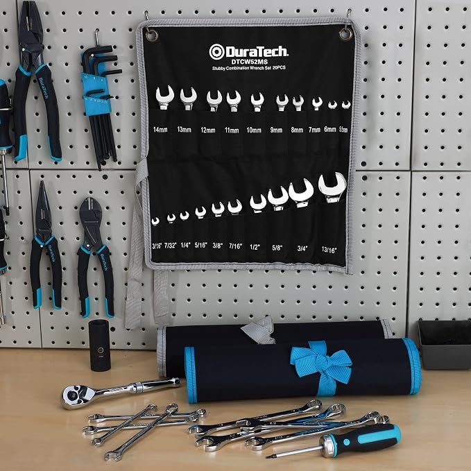 DURATECH 52-Piece Combination Wrench Set, Regular & Stubby, SAE & Metric | 32 PCS Combo Wrenches(5/32"-7/8"&4mm-20mm) & 20 PCS Stubby Wrenches(3/16"-13/16"&5.5mm-14mm), CR-V Steel, with Rolling Pouch