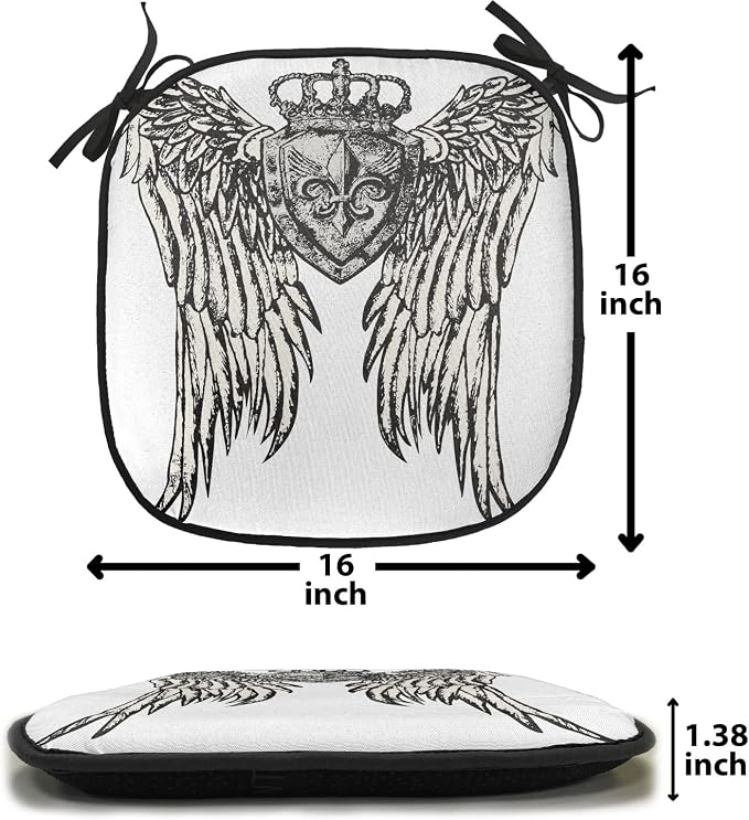 Lunarable Fleur De Lis Chair Cushion Pads Set of 6, Tribal Tattoo Design with Wings Historic Crest Crown and Eagle, Anti-Slip Seat Padding for Kitchen & Patio, 16"x16", Eggshell Black