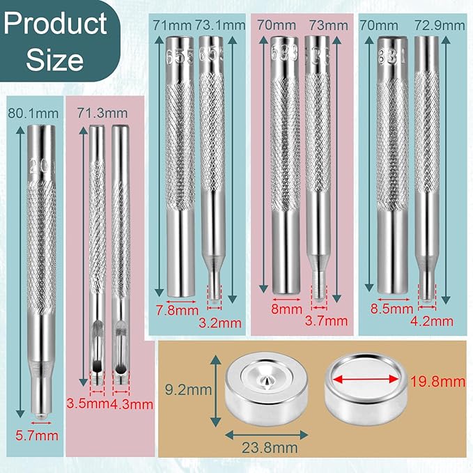 10pcs Snap Button Setter Tool Kits, Metal Button Punch Tool for DIY and Sewing Fabric Leather Bag Clothes Jackets Tarps Wallet Bracelets
