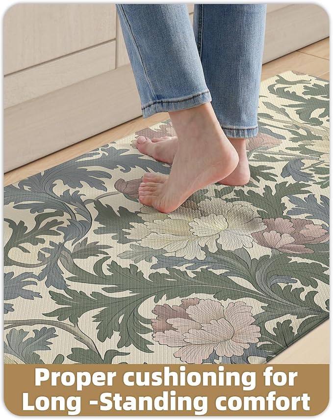 Color&Geometry Floral Kitchen Mat 24"x59", Anti Fatigue Mats for Kitchen Floor, Kitchen Rugs Non Slip, Waterproof & Oil Proof Kitchen Runner for Standing Desk Office, Sink - Beige