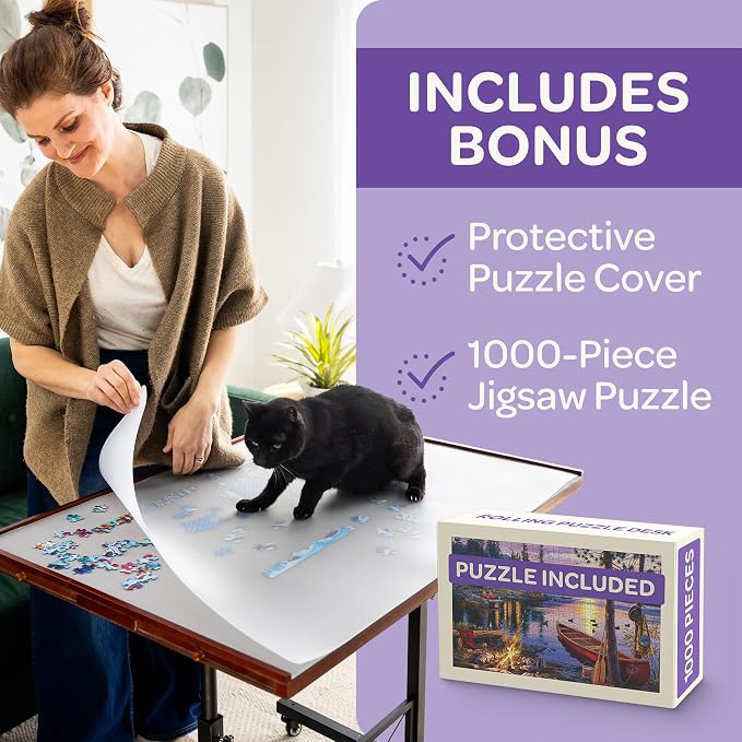 JoyBerri Puzzle Station – 1500 Piece Jigsaw Puzzle Table with Drawers & Adjustable Legs, Portable & Height Adjustable for All Ages, Includes Station Cover & Bonus 1000 Piece Puzzle
