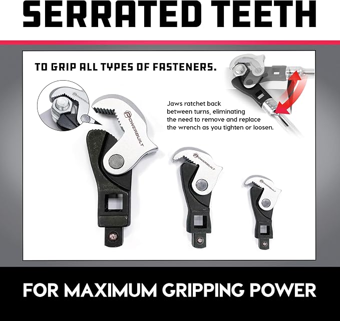Powerbuilt 3 Piece Spring-Loaded Crowfoot Wrench Set, Adjustable, Auto Size, Universal Wrench, Self-Adjusting, Power Grip, Storage Tray - 642963