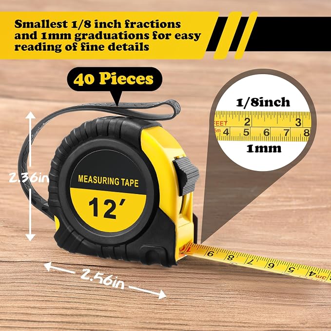 40 Pieces Tape Measure 12 ft Retractable Measuring Tape Bulk with Fractions Marked Easy Read Yellow Measuring Tape Bulk Set for Engineer Contractors, Autowind and Lock