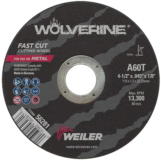 Weiler 56281 4-1/2 Inch Cutting Wheel, Wolverine AO Steel/Metal Fast Cutting, .045" A60T Type 1 7/8" Arbor, Pack of 25