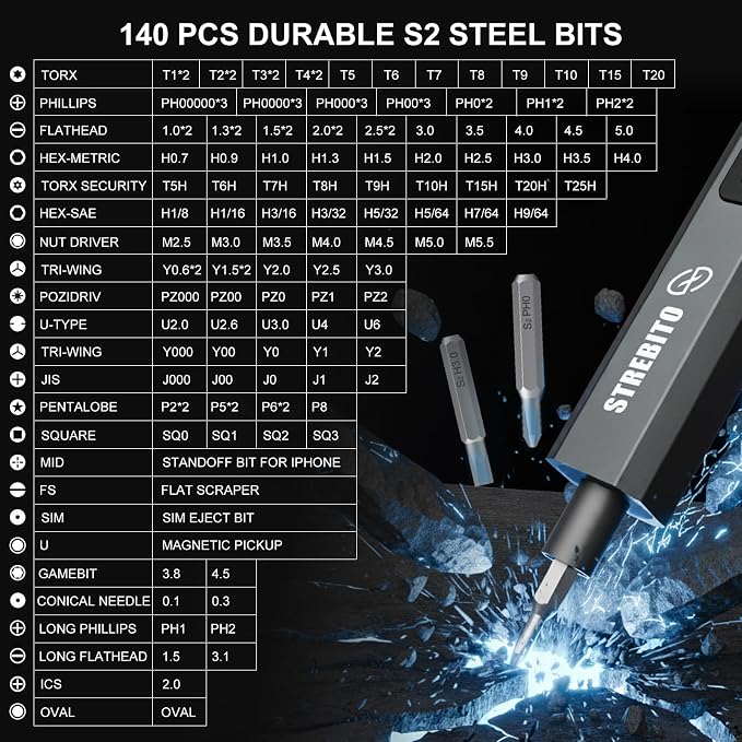 STREBITO 155 in 1 Electric Screwdriver Set, Small Electric Screwdriver Cordless with 140 S2 Magnetic Bits, Electronic Power Screwdriver Repair Tool Kit for RC, Computer, Pc Building, Laptop（Upgraded）