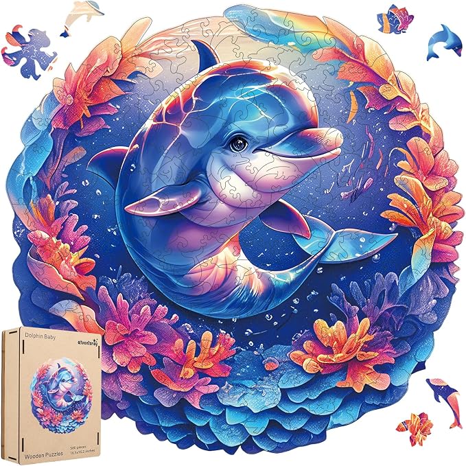 Qiuenisray Wooden Puzzles for Adults 500 Pieces, Dolphin Baby Jigsaw Puzzles, FSC Certified Unique Ocean Adult Puzzles, Irregular Wood Puzzles, Creative Gift for Family Game 16.2x16.5 in