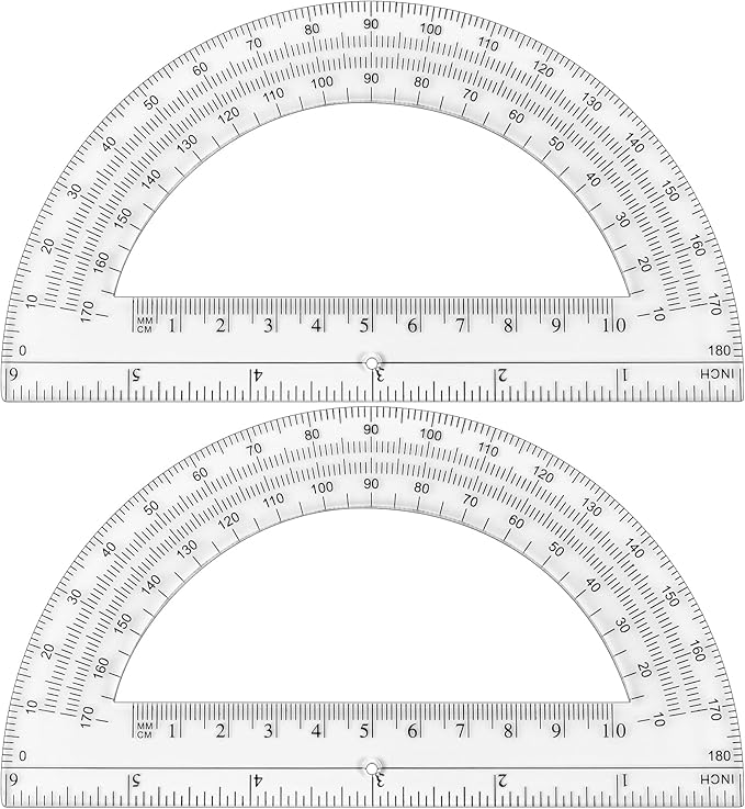 Unjoo Plastic Protractor Math Protractors 180 Degrees for Geometry Classroom Student School Office Supplies, 6 Inch, Pack of 2 (Clear)
