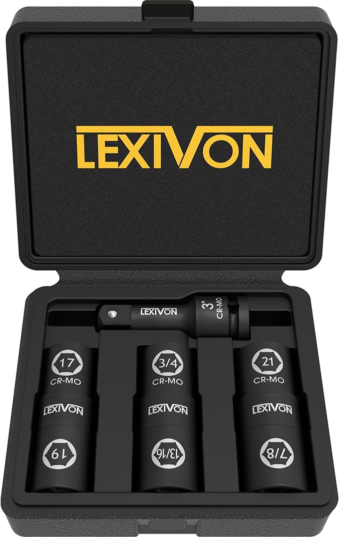 LEXIVON 1/2-Inch Drive Click Torque Wrench 10~150 Ft-Lb/13.6~203.5 Nm + Set of 1/2-Inch Flip Impact Socket, 6 Total Lug Nut Sizes