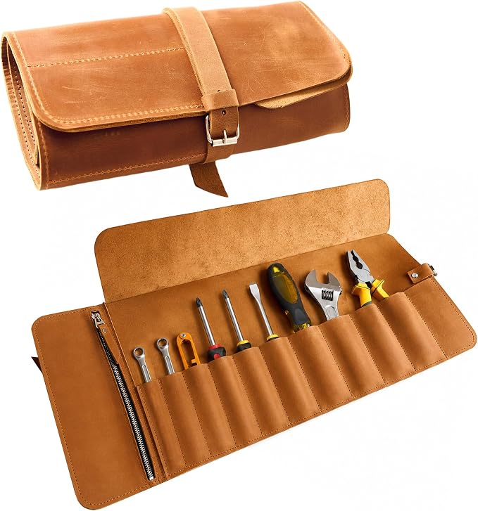Genuine Leather Tool Roll – Compact Roll-Up Tool Organizer with Multiple Pockets for Wrenches, Screwdrivers & Pliers – Portable Leather Tool Storage Case, Warm Brown (Tools Not Included)