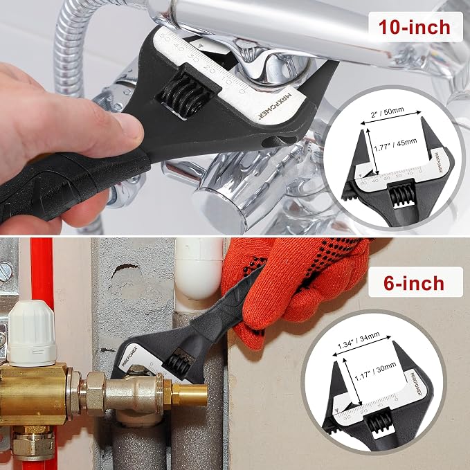 MAXPOWER Slim Adjustable Wrench Set, 6" & 10" Wide Jaw Opening, Dual Scale With Metric and SAE Plumbing Wrenches, Deep Jaw With Soft Grip Handle