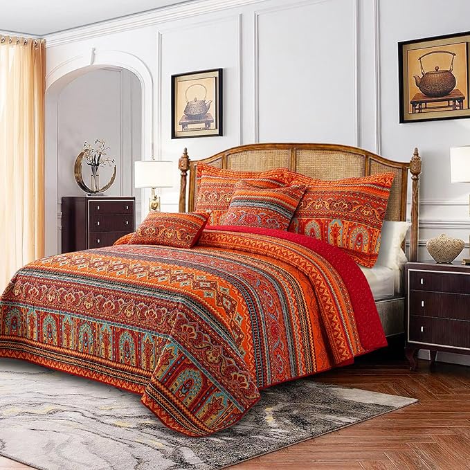 BEDIFANY Cotton California King Quilt Set - Lightweight Boho Bedspread Oversized King Size - Colorful Orange Stripe King Size Quilt Bedding Sets (108 * 118 Inch) for Bed Decorations Coverlet, 3 Pieces