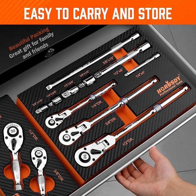 10-Piece Flex-Head Ratchet Set, 1/4", 3/8" & 1/2" Drive Socket Wrenches, 90-Tooth Quick-Release Reversible Low-Profile, Extension Bars (4", 10", 6") & 4 Adapters for Automotive, Bike, and Home Repair