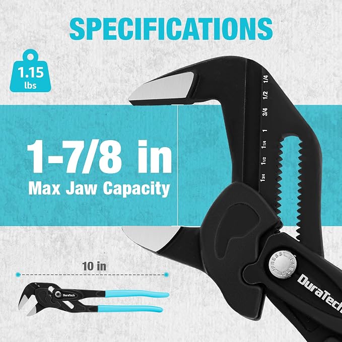 DURATECH 10-Inch Pliers Wrench, CR-V Steel Adjustable Wrench with Metric & SAE Scale, Black Finish Parallel Pliers with Ergonomic Grips, for Home Repair & Nut Tightening