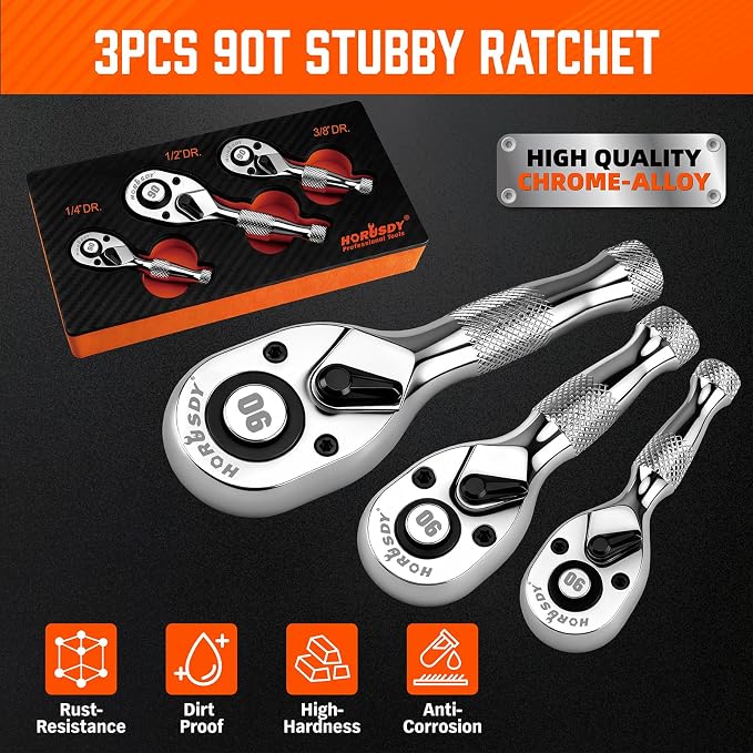 HORUSDY 3 Piece 90T Stubby Ratchet Handle Set, 1/4" 3/8" 1/2" Drive Mini Socket Wrench, Compact Reversible Ratchets for Tight Spaces, Car & Home Repair, DIY, Mechanic Tool