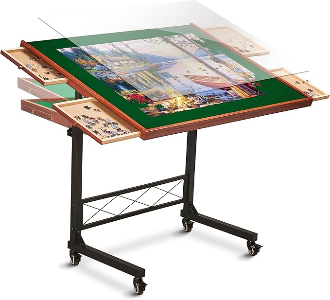 JoyBerri Puzzle Station Jigsaw Puzzle Table/Rolling Desk - 1500 Piece Puzzle Board/Portable Jigsaw Tables with Drawers and Legs - Height Adjustable for Adults