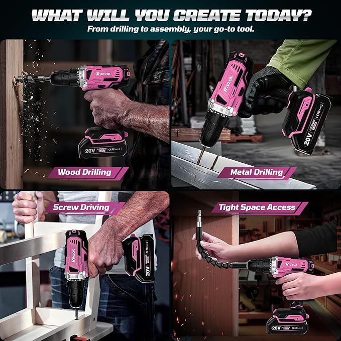 20V Cordless Drill Set,Electric Power Drill Cordless,Power Drill Drivers,Electric Screwdriver - 2.0Ah Batteries, 30Nm，21+1 Torque,2 Speed,34pcs Acessories,Built-in LED,Kit for Home,Pink
