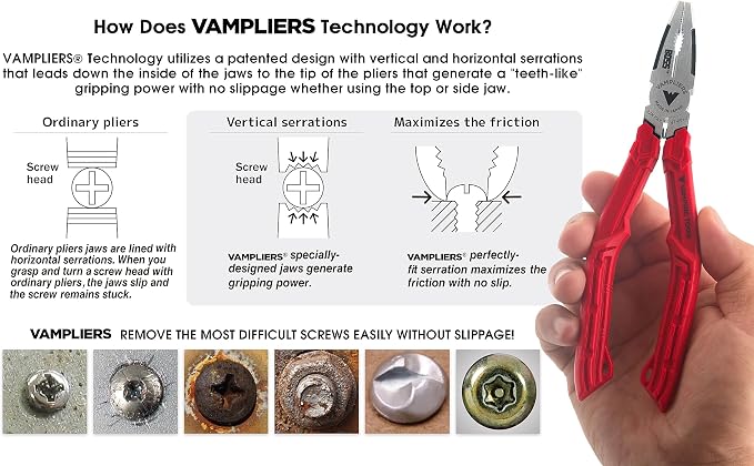 VAMPLIERS 2-PC Screw Extraction Pliers Set. Includes: 7" Slip-Joint + 7" BOSS Stripped Screw Removal Pliers. Unique Non-slip Jaws. Made in Japan.