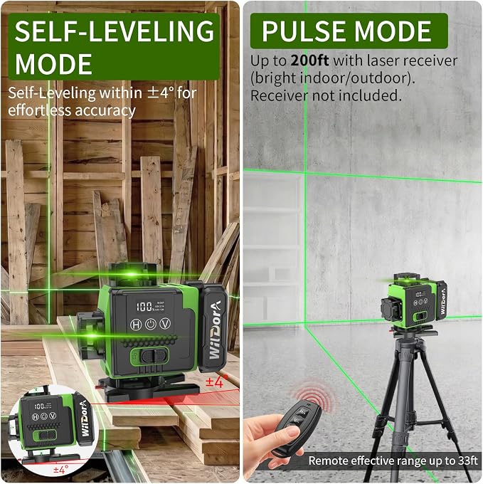 Laser Level 360 Self Leveling with Tripod, Remote Control 4D Green 16 Line Laser Leveler Tool with 2x4800mAh Li-ion Batteries & Hard Carry Case, Laser Level for Construction & Renovation