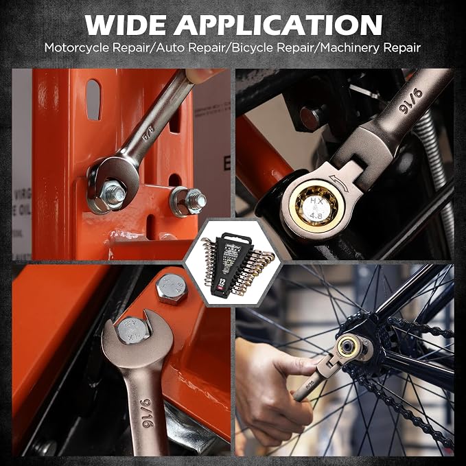 SEDY Premium 12-Piece SAE Flex-Head Ratchet Wrenches Set 1/4"-7/8" with Magnetic Organizer, Cr-V Steel Ratcheting Wrench Set with 72 Teeth 180° Flex Head, Ratchet Combination Wrench Set for Repair