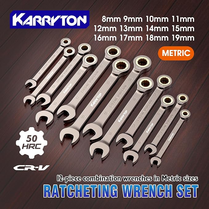 12-Piece Ratcheting Wrench Set (Metric),72 Teeth Ratchet Combination Wrenches Set with Organizer Rack,Cr-V Steel,8-19mm(12PCS),Black Nickel Handle with Golden Ratchet
