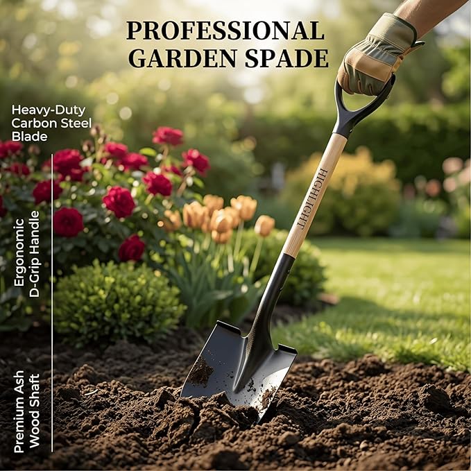 Heavy Duty Garden Shovel for Digging, 41 Inch Round Point with D-Handle, Cold Rolled Steel Blade- for Edging, Trenching, Transplanting, Snow Removal - Wood Handle for Camping, Beach, Car Emergency