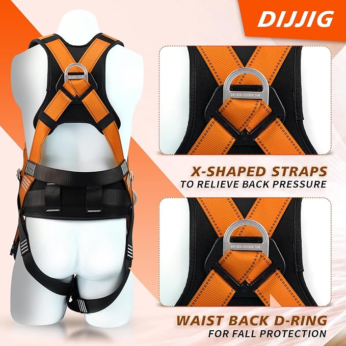 DIJJIG Safety Harness Fall Protection Kit with Shock Absorbing Lanyard | Safety Straps Upgrade Quick Buckles, Roofing Harness Construction Harness Para Construccion ANSI Compliant Orange