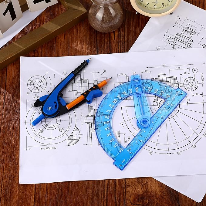 Zonon Student Protractor and Compass Set, Student Geometry Math Set Drawing Compass and 180 Degree 6 Inch Protractor with Swing Arm for Drawing Measuring School Office(Blue)