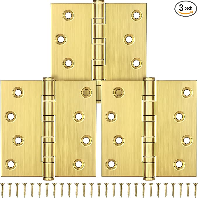KOLET Ball Bearing Brushed Gold Door Hinges, 4 x 4 Inches Brass Gold Door Hinges, Square Corner, Stainless Steel Hinges, Heavy Duty, Smooth and Non Removable Pin, Brushed Gold, 3 Pack