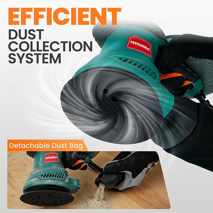 HYCHIKA 5-Inch Random Orbital Sander, 13000RPM Electric Palm Sander with 6 Variable Speeds, Powerful Motor, 12PCS Sandpapers and Efficient Dust Collection Bag, for Woodworking, Finishing and Polishing