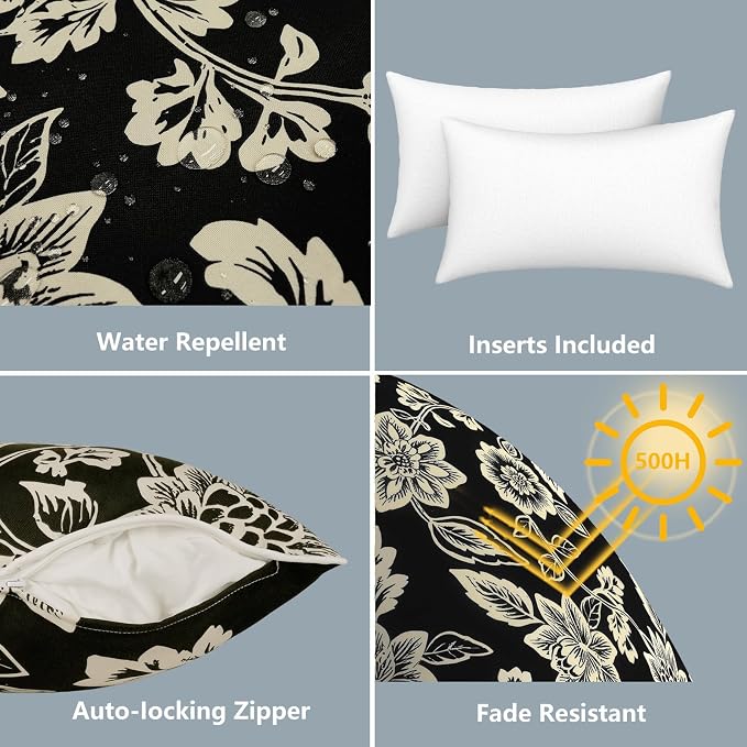 LVTXIII 2 Pack Outdoor Lumbar Pillows 12x20 Inch with White Piping, Fade Resistant Support Throw Pillows with Inserts for Patio Furniture, Sofa, Chair, Elegant Vines Black