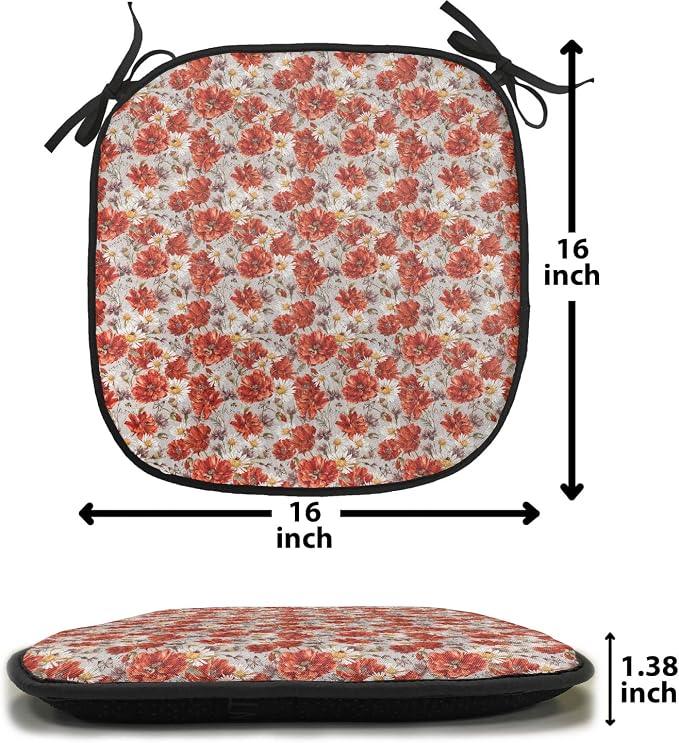 Lunarable Flower Chair Cushion Pads Set of 6, Blooming Poppies Ladybug Bumblebee Bee and Butterflies Summer Joyful, Anti-Slip Seat Padding for Kitchen & Patio, 16"x16", Vermilion Yellow Beige
