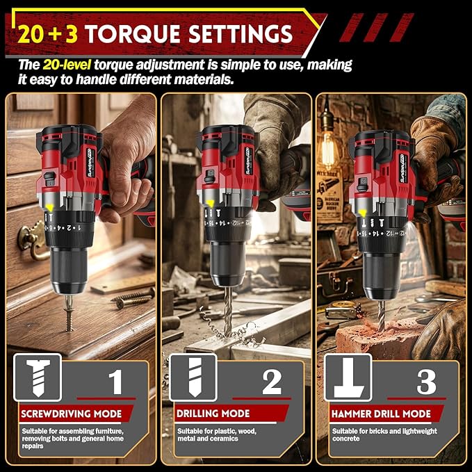 21V Cordless Hammer Drill - 1151In-lbs High Torque Brushless Drill Set w/ 1/2" Metal Chuck & 20+3 Clutch & 4.0Ah Battery & Case - Power Drills for Home Wood Metal Brick Lightweight-Concrete