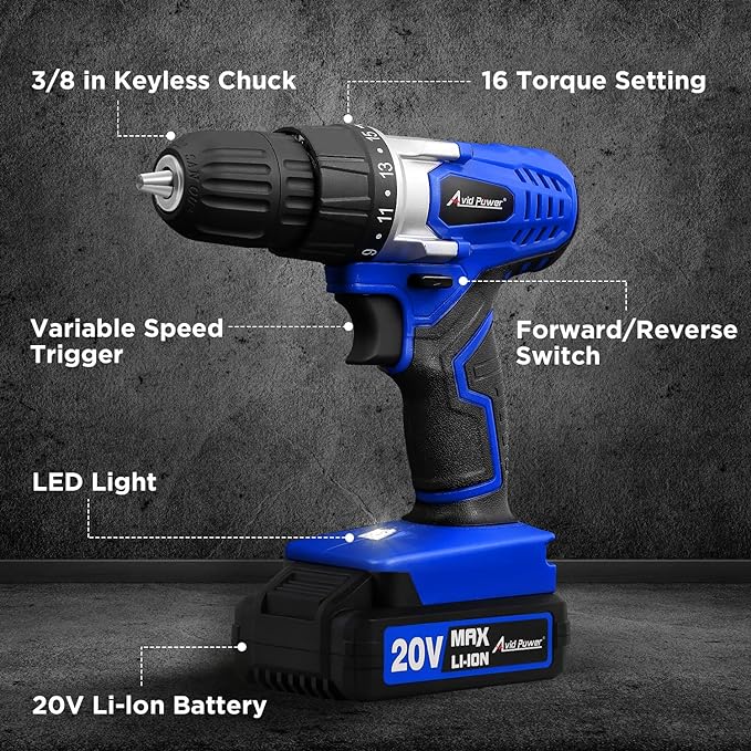 AVID POWER 20V Cordless Drill Set for Home DIY & Beginner Projects - Lightweight Power Drill with Battery Charger & 22 Bits, Variable Speed, 3/8" Keyless Chuck, Ideal for Furniture Assembly (Blue)