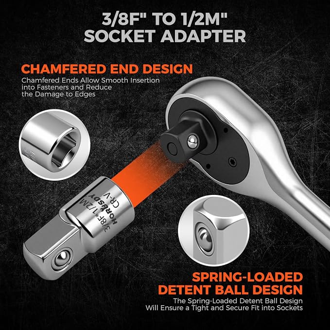 HORUSDY 3/8" Drive 90T Quick-Release Ratchet Handle, Reversible, Chrome Alloy Made, Full Polished, Includes 3/8" to 1/2" Socket Adapter, Ideal for Auto Repair, Home & Industrial Use